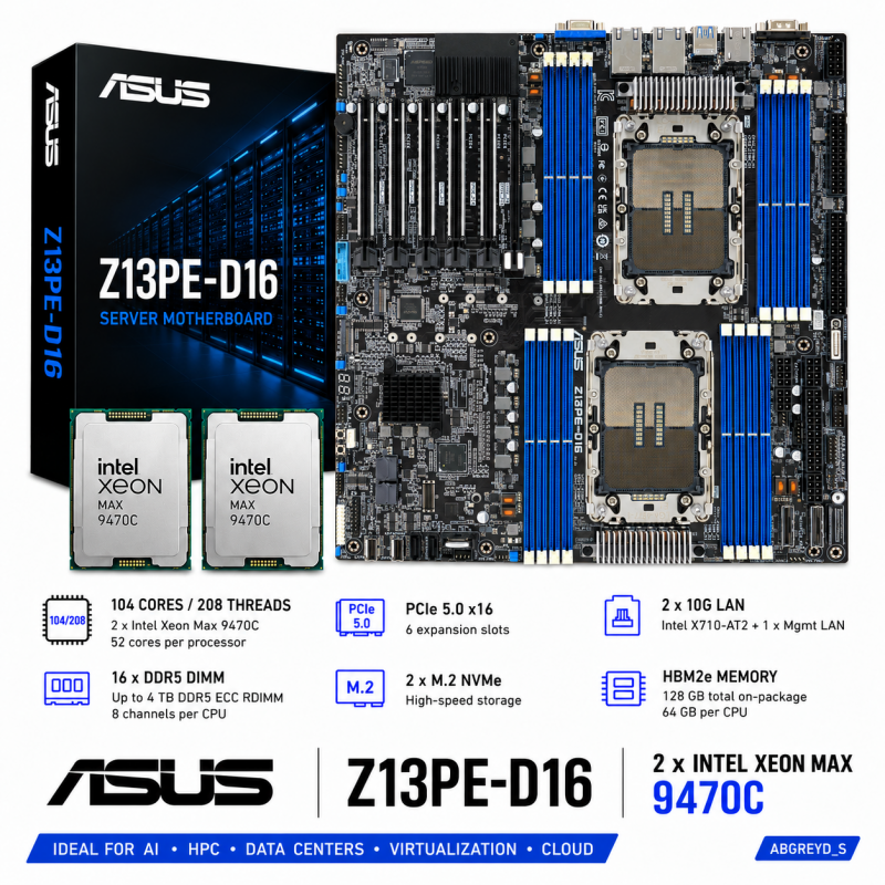 ASUS Z13PE-D16 + 2 × Intel Xeon Max 9470C, 104 ядра / 208 потоков, 128 ГБ HBM2e