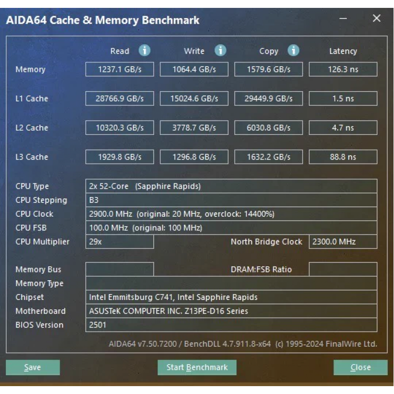ASUS Z13PE-D16 + 2 × Intel Xeon Max 9470C, 104 ядра / 208 потоков, 128 ГБ HBM2e