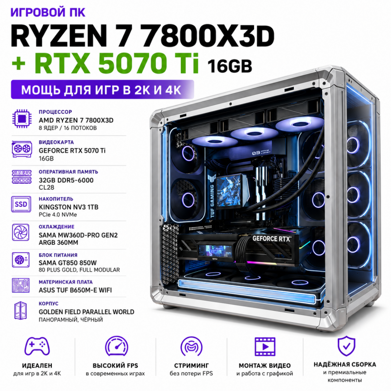 Игровой ПК AMD Ryzen 7 9800X3D + RTX 5070 Ti Vulcan X 16 ГБ + 32 ГБ DDR5-6000 + SSD 1 ТБ