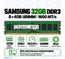 Samsung DDR3 32GB (8x4GB) 1600 MT/s UDIMM (1Rx8)