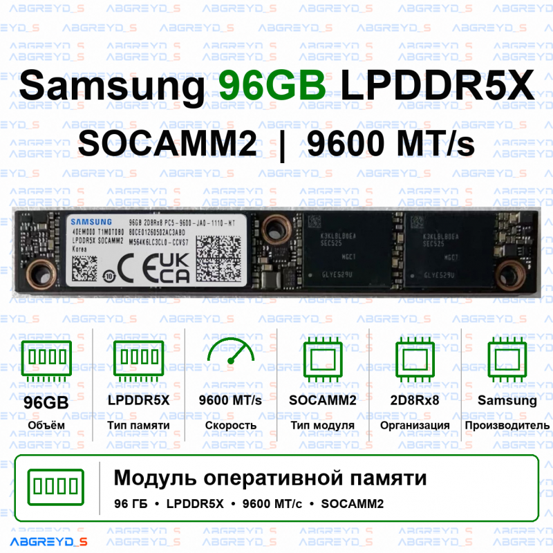 Samsung 96 ГБ LPDDR5X SOCAMM2 9600 МТ/с