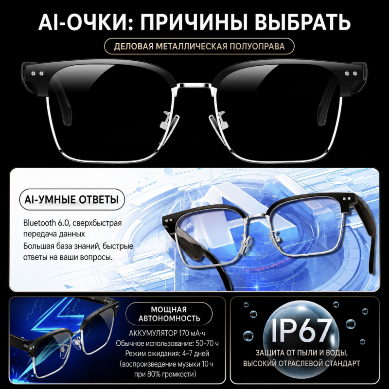 Умные AI-очки с переводчиком на 164 языка, Bluetooth 6.0 и голосовым помощником
