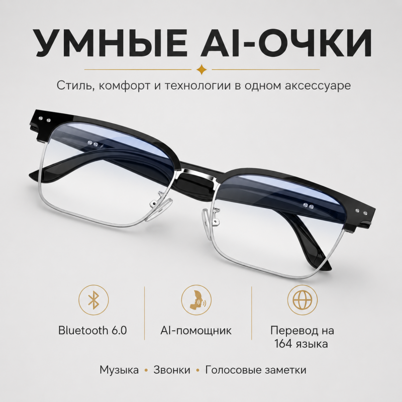 Умные AI-очки с переводчиком на 164 языка, Bluetooth 6.0 и голосовым помощником