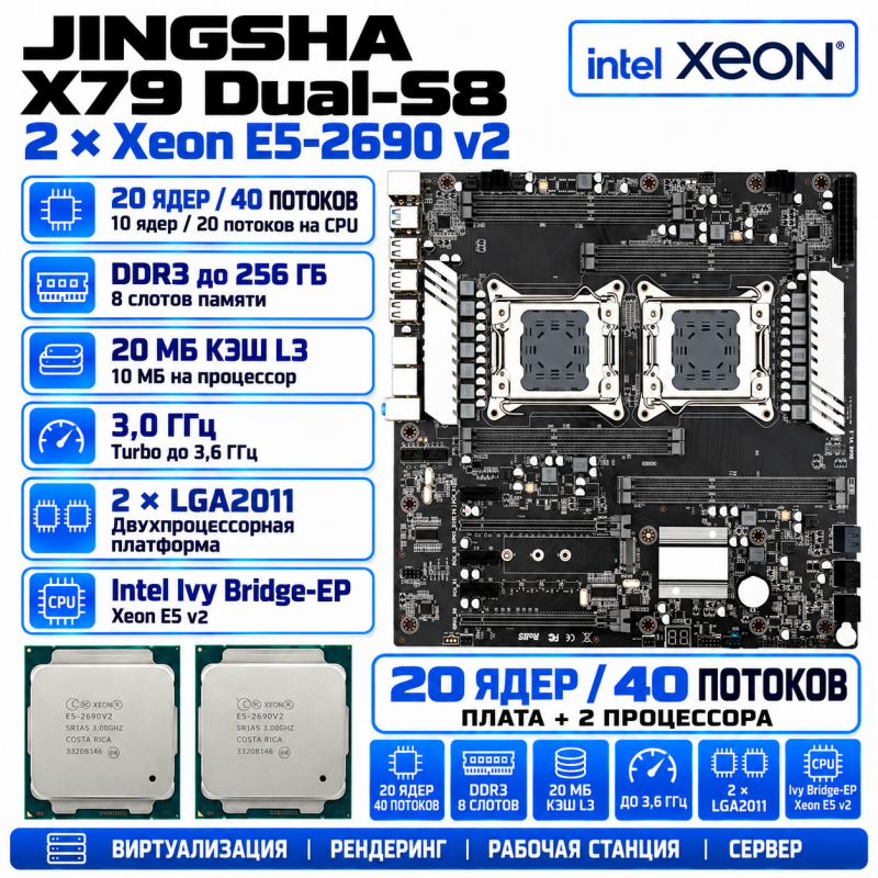JINGSHA X79 Dual-S8 + 2* Xeon E5-2690 v2